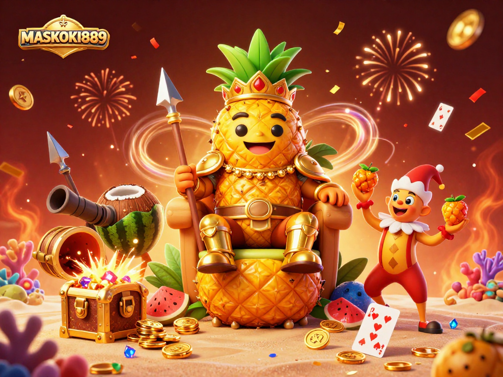 Experience thrilling gaming adventures at MASKOKI889 with golden characters and beach casino elements.
