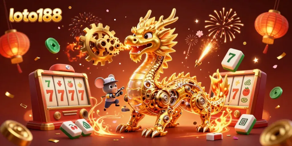 Experience the excitement of loto188 with a golden dragon, slot reels, and festive elements.