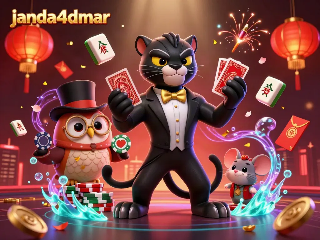 JANDA4DMAR: Kucing hitam elegan sedang membagikan kartu dengan suasana meriah di kasino.