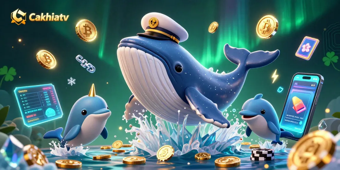 Cakhiatv showcases a vibrant 3D scene with a breaching whale, narwhal, and dolphins celebrating crypto wins.