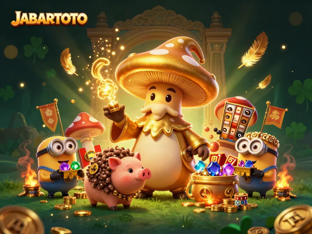 JABARTOTO: Ilustrasi kasino interaktif dengan pemandangan mewah dan karakter magis yang menarik
