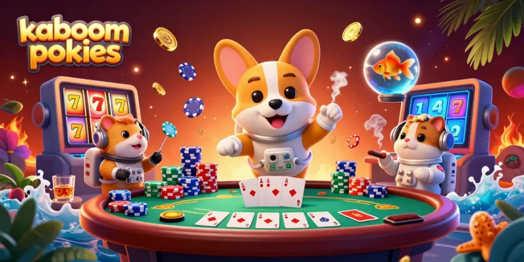 Experience kaboom pokies excitement with playful characters and dynamic casino elements in vibrant 3D.
