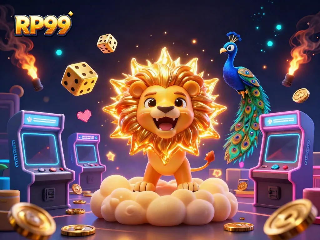 Experience the excitement of RP99 with vibrant slots and casino elements alive in this 3D illustration.