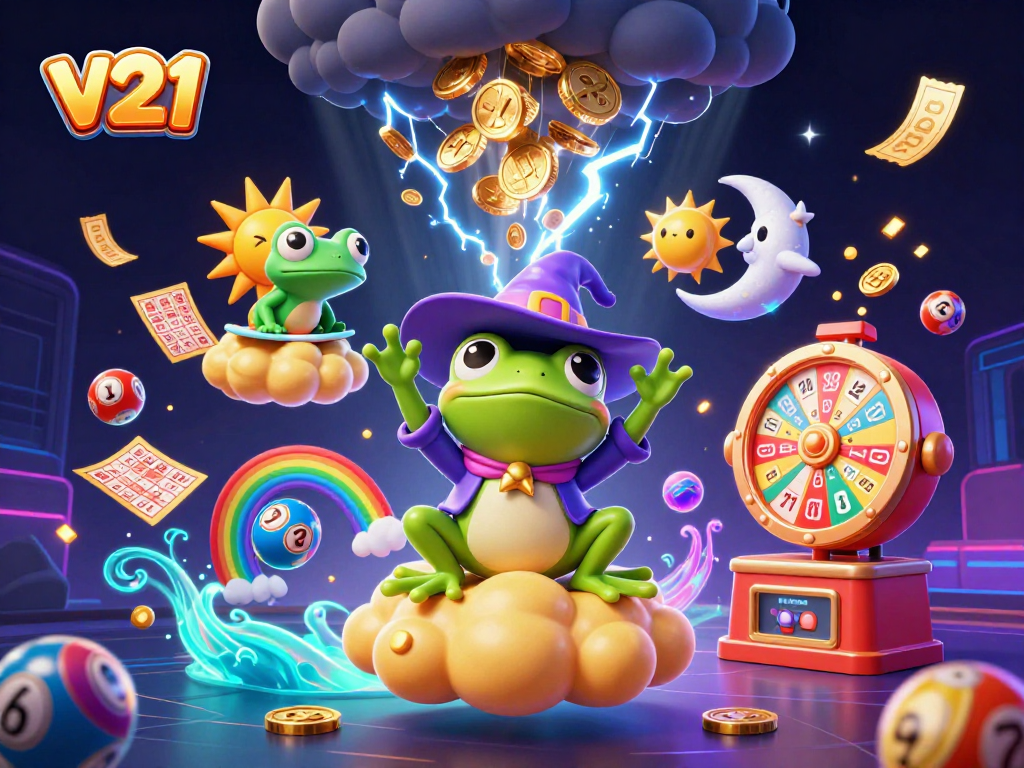 v21 menghadirkan permainan slot seru dengan peluang menang maksimal, dikelilingi koin emas dan elemen lotere.