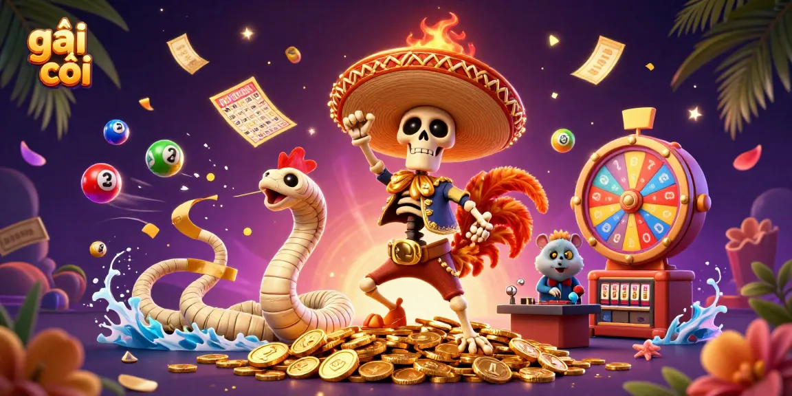 Experience excitement with gái gọi as a skeleton mariachi dances on golden coins amidst vibrant lottery elements.
