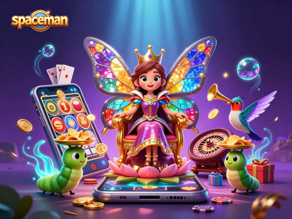 Engage in spins with spaceman in a vibrant 3D casino illustration featuring slots and jackpot elements.