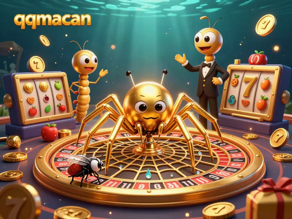 Experience qqmacan excitement with vibrant 3D casino scene featuring a spider and croupier in action.