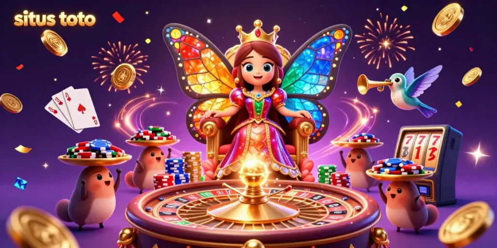 Spin to win on situs toto with a vibrant casino-themed 3D illustration featuring a butterfly queen and golden chips.