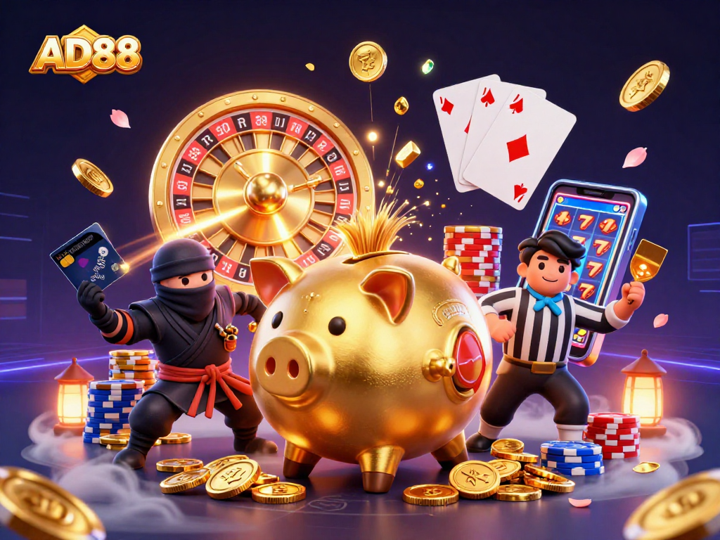 Engaging scene of AD88 platform with vibrant characters and casino elements, showcasing excitement and action.