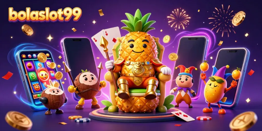 Engage with exciting games at bolaslot99, featuring a golden pineapple king and slots in a vibrant casino.