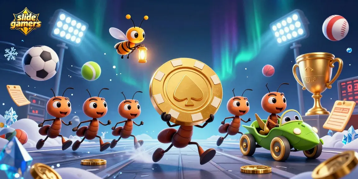 Slidegamers team of cartoon ants carrying a giant poker chip while racing against time in a heist.