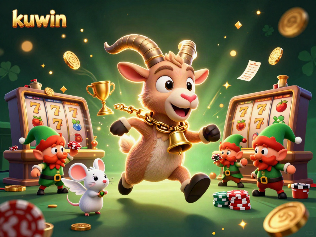 Kuwin slots illustration featuring a lively holiday-horror casino scene with Krampus, an angel mouse, and mischievous gremlins.