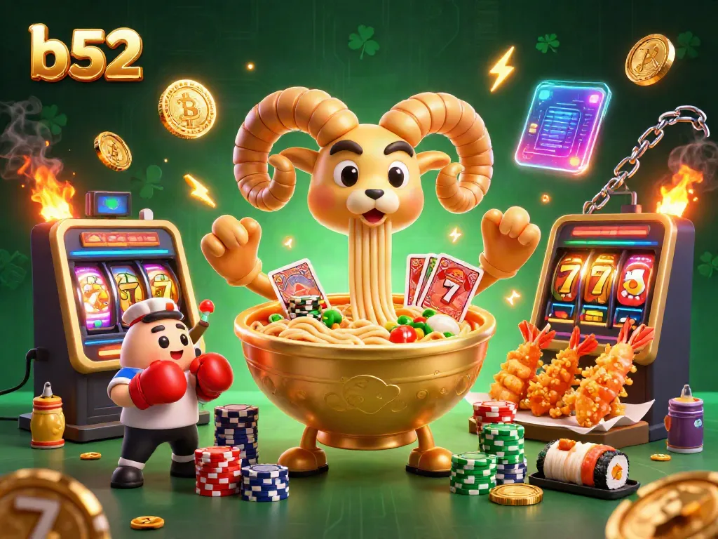 Engaging b52 gambling scene featuring a giant ramen bowl dealing cards and chips amidst colorful slot elements.