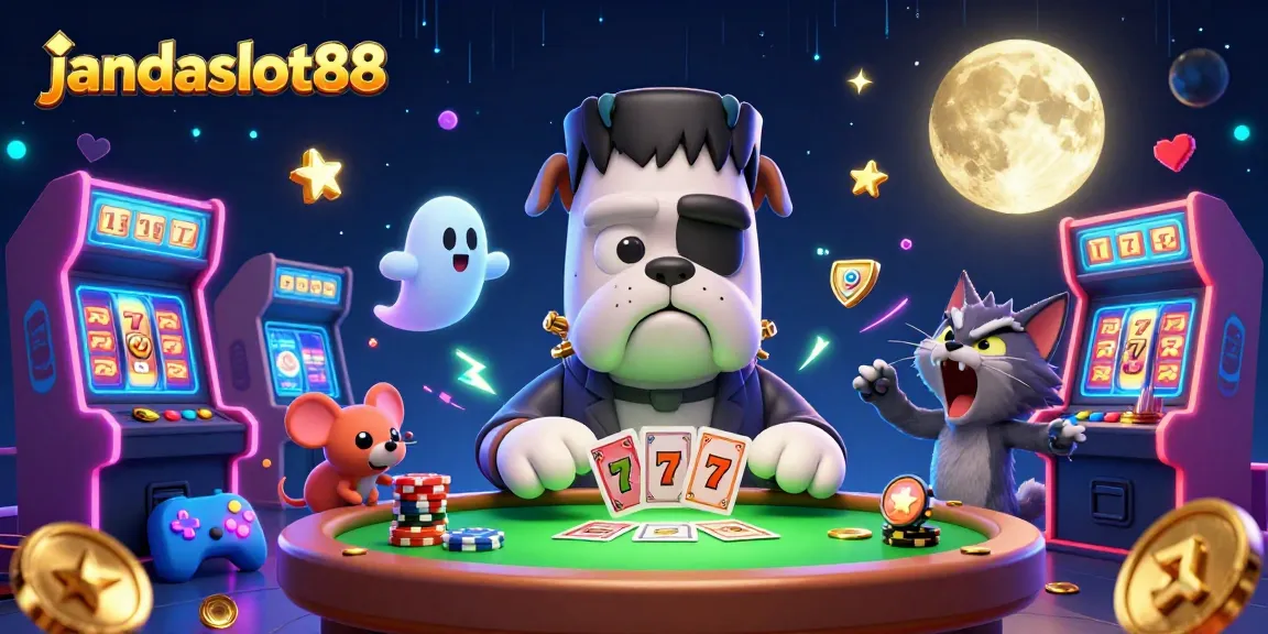 Win big with jandaslot88 at a spooky casino table featuring a unique 3D monster dealer.