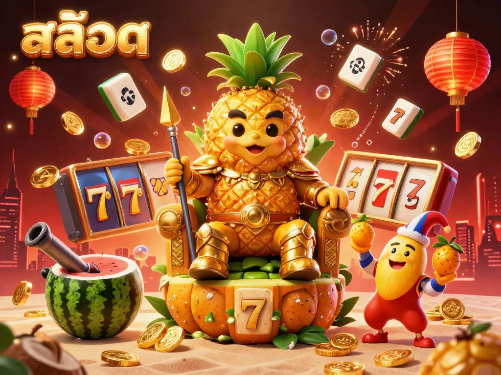 Engage in exciting slots with the golden pineapple king at a vibrant beach casino in this 3D illustration.