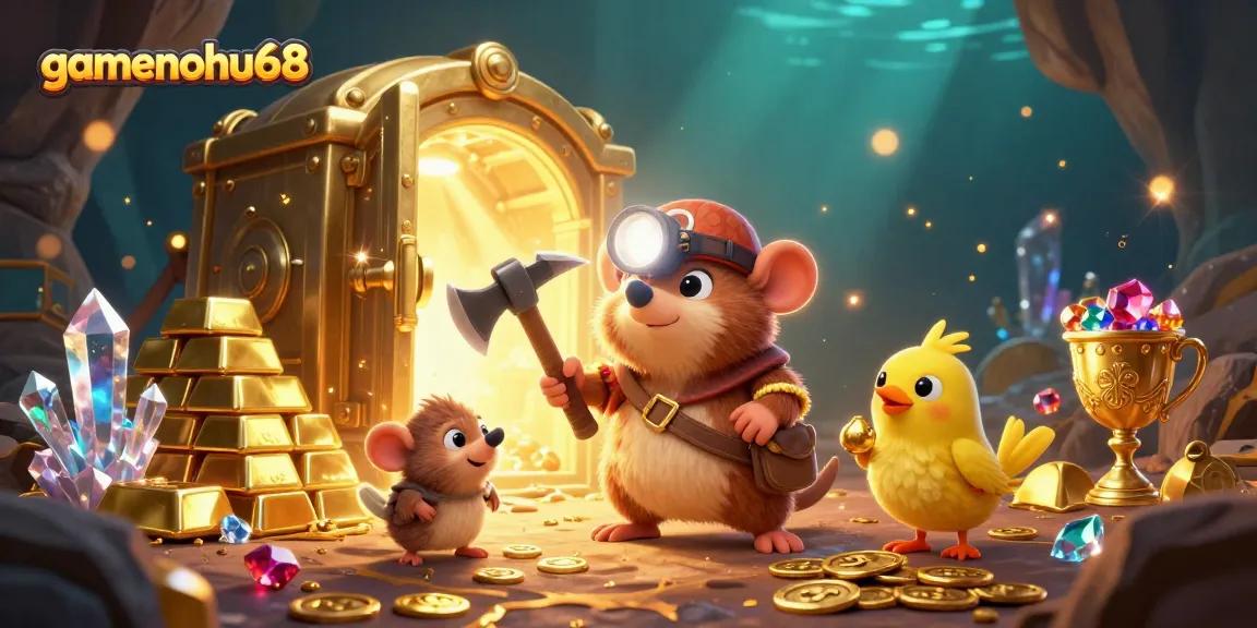 Engage with gamenohu68's vibrant casino adventure featuring a treasure hunter mole and dazzling gems.