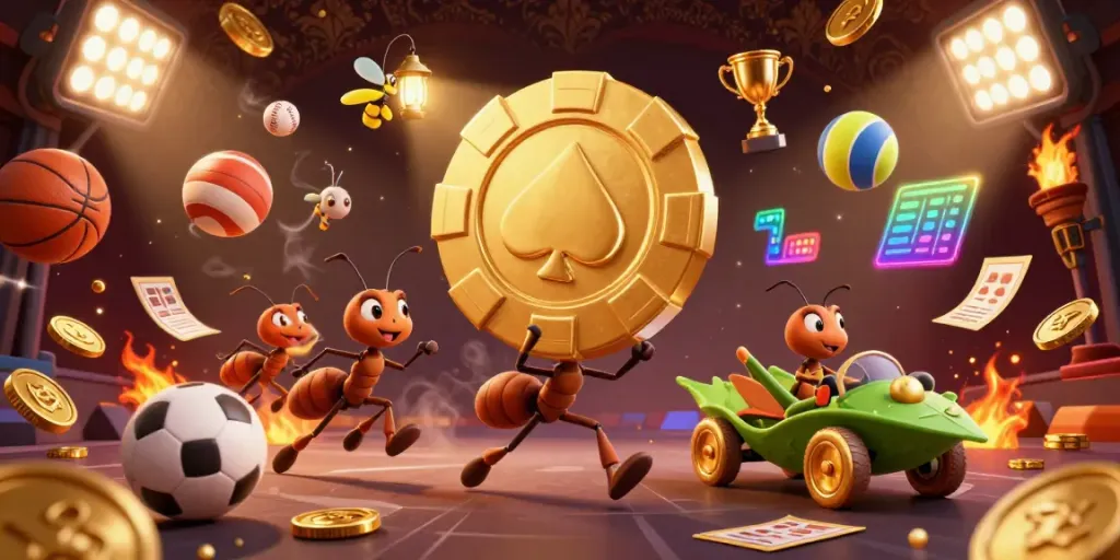 Join the action at 555win55 as animated ants navigate a dynamic casino heist filled with golden elements and sports themes.