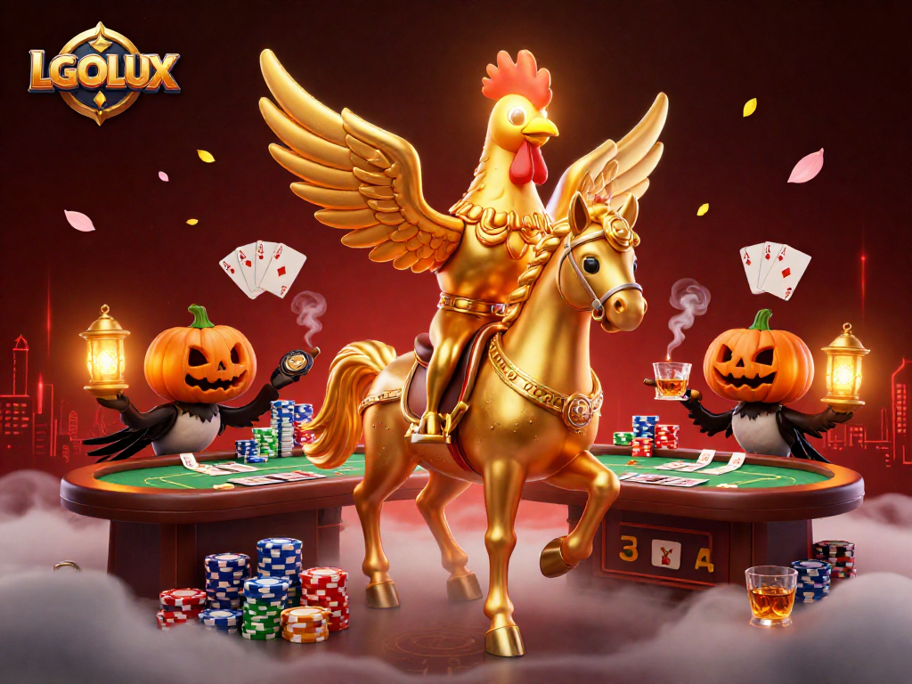 Engage with thrilling LGOLUX casino action featuring a golden rooster and poker excitement.