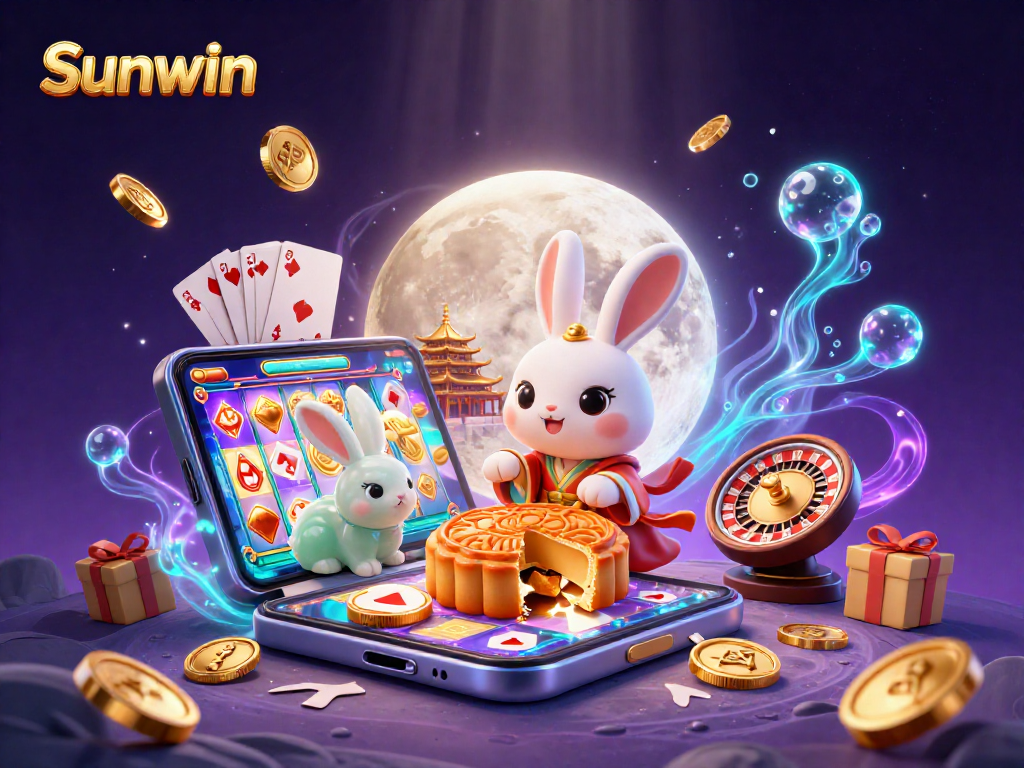 Sunwin showcases a vibrant 3D digital illustration featuring a moon rabbit creating poker chip-filled mooncakes above a colorful slot game.