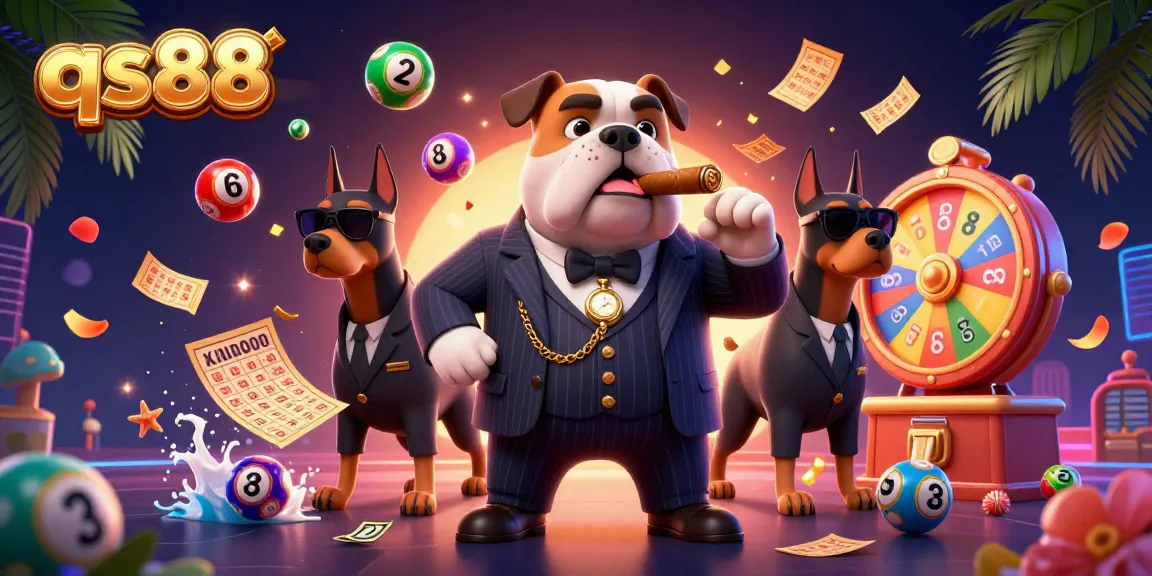 A dynamic scene showcasing qs88 with a mafia boss bulldog and bodyguards amid casino elements, showcasing vibrant lottery and gaming action.