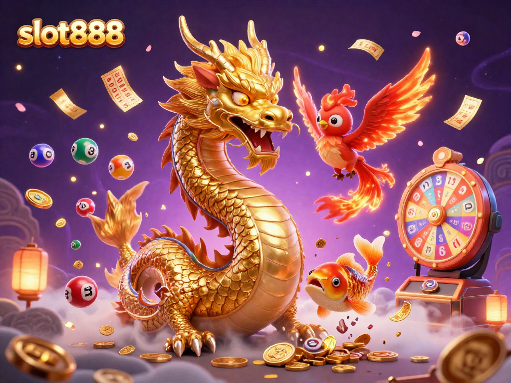 Menangkan slot888 dengan naga keberuntungan, phoenix, dan koi disertai bola lotere yang memancar.