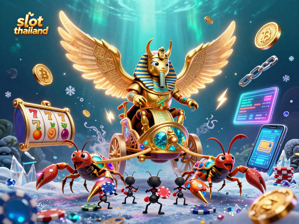 Experience the thrill of slot thailand with vivid 3D illustration of a golden scarab beetle chariot and crypto elements.