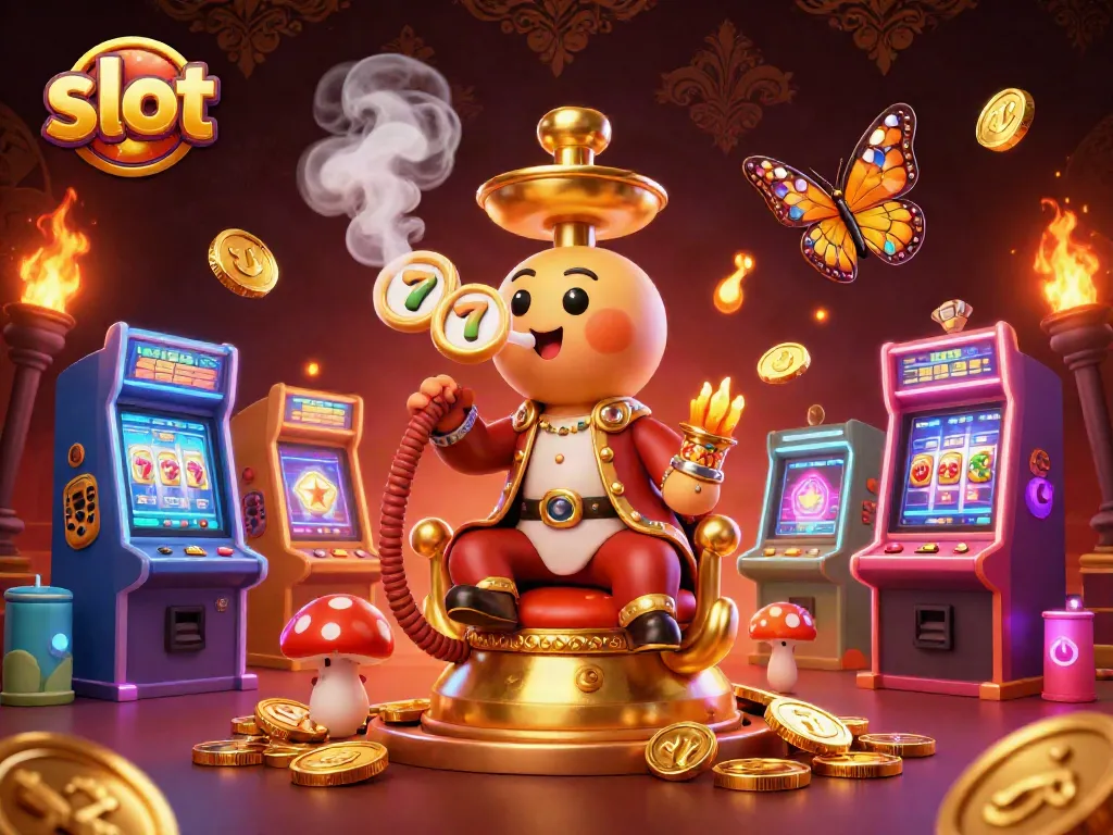 Slot berputar dengan karakter bersuka cita dan elemen permainan meriah dalam ilustrasi 3D