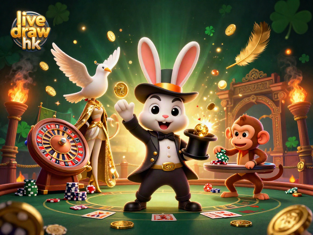 Experience the excitement of live draw hk as a magician rabbit conjures coins in a vibrant casino scene