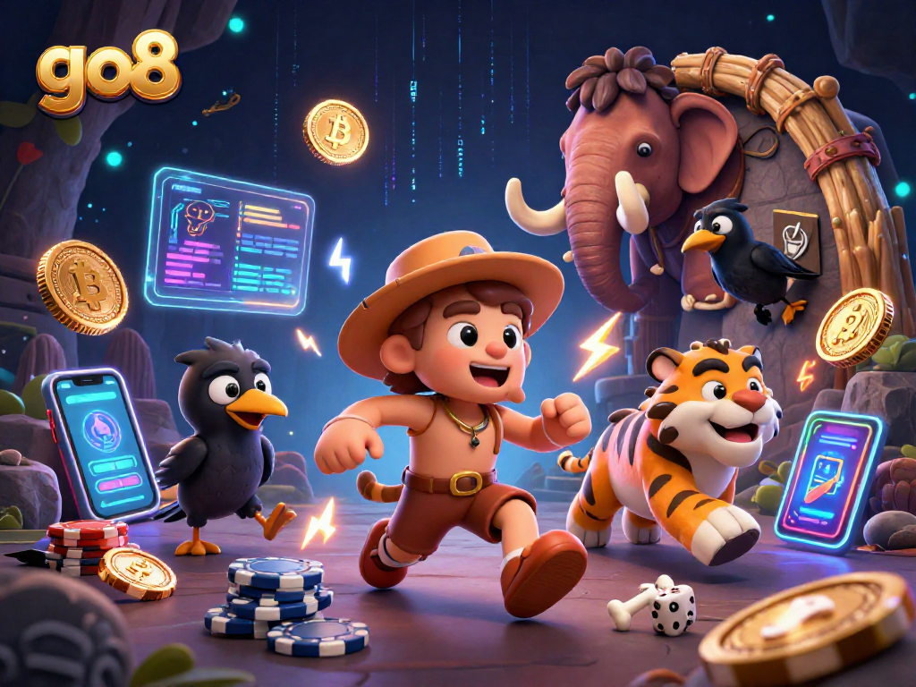 Experience the thrills of crypto gaming at go8 with vibrant immersive elements in a prehistoric casino.