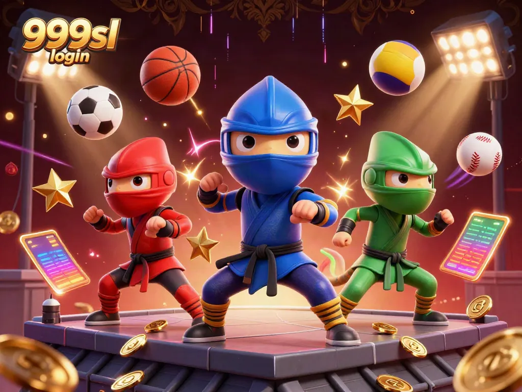 Experience dynamic 999sl login action with a ninja chameleon team performing martial arts amidst intense gaming elements in a rich casino setting.