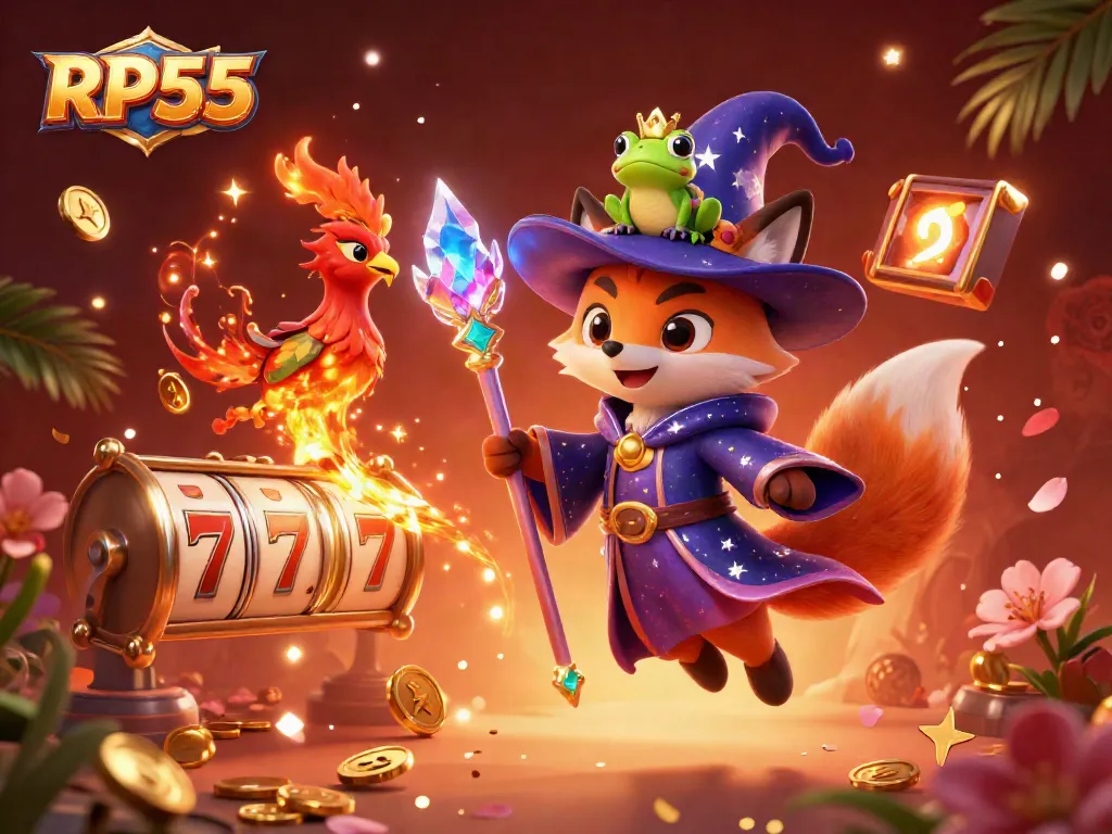 Experience thrilling gameplay with RP55's enchanting wizard and phoenix in a jackpot scene.