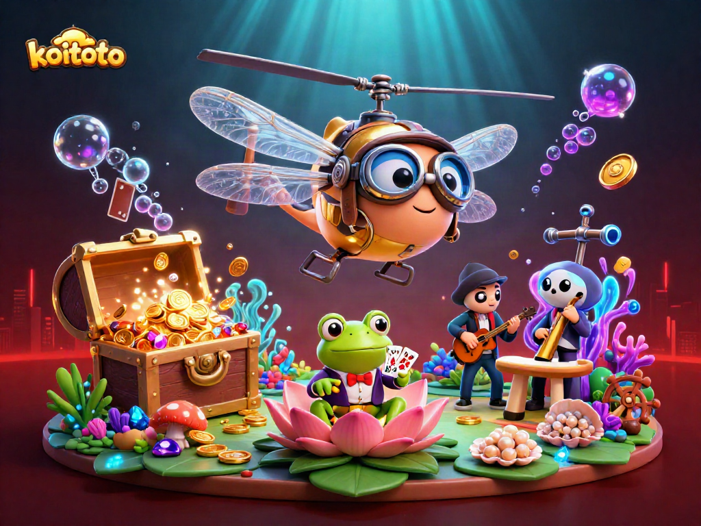 Koitoto casino fantasy with a dragonfly pilot, frog croupier, and jazz musicians creating a vibrant underwater atmosphere.