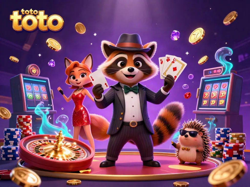 Win big at toto togel with raccoon, fox, and hedgehog enjoying a lively casino scene.