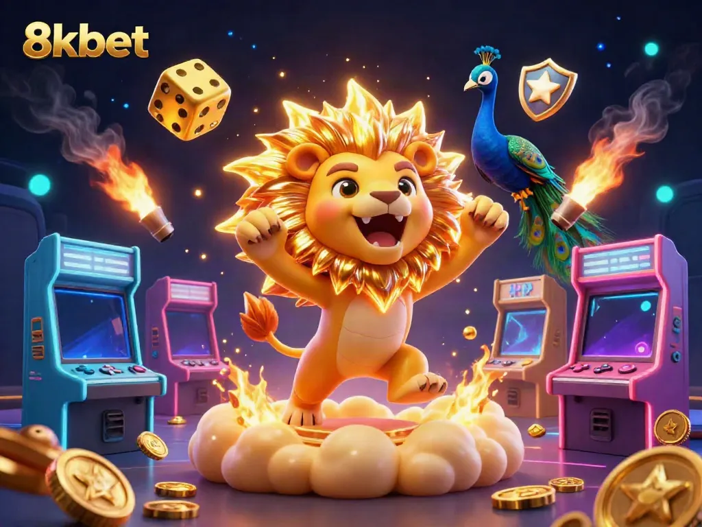 Experience the excitement of casino gaming with 8kbet's lion mascot roaring triumphantly among colorful arcade elements.