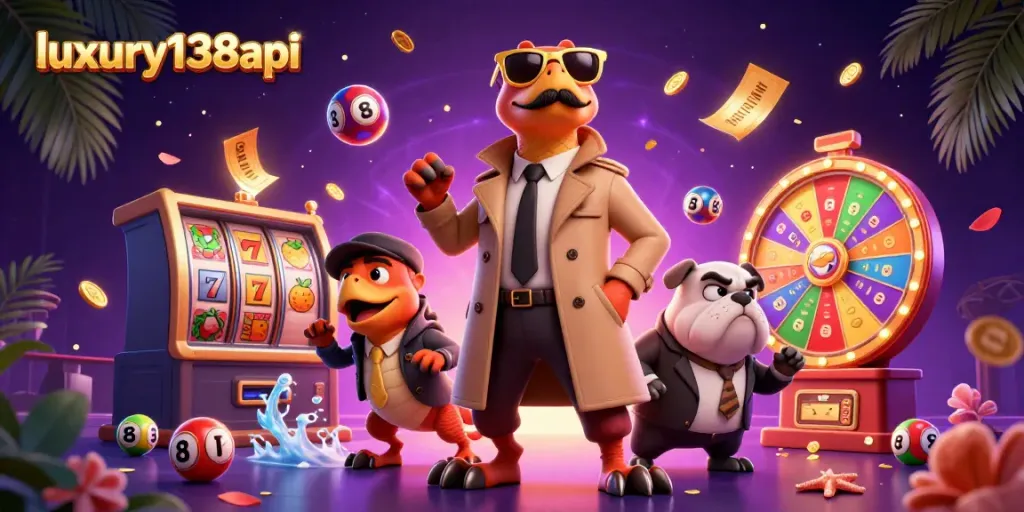 Experience luxury138api with vibrant slots and cartoon raptors in a unique casino scene