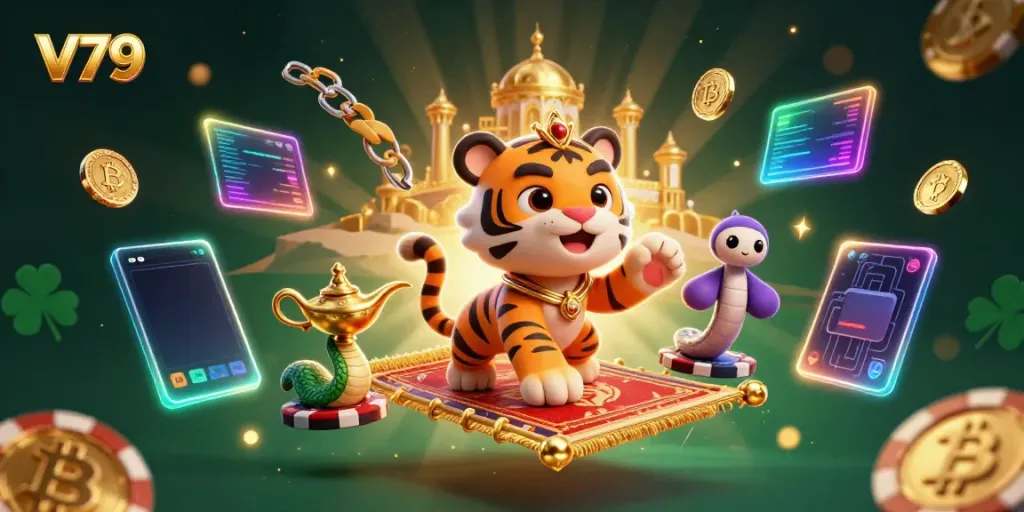 Win at V79 casino with a vibrant Arabian Nights-themed scene featuring a tiger sultan.