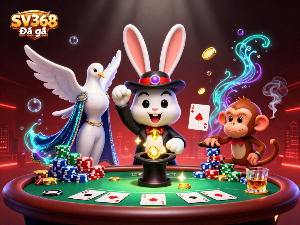 Engage with SV368 Đá gà as the magician rabbit conjures coins, offering thrilling poker moments.
