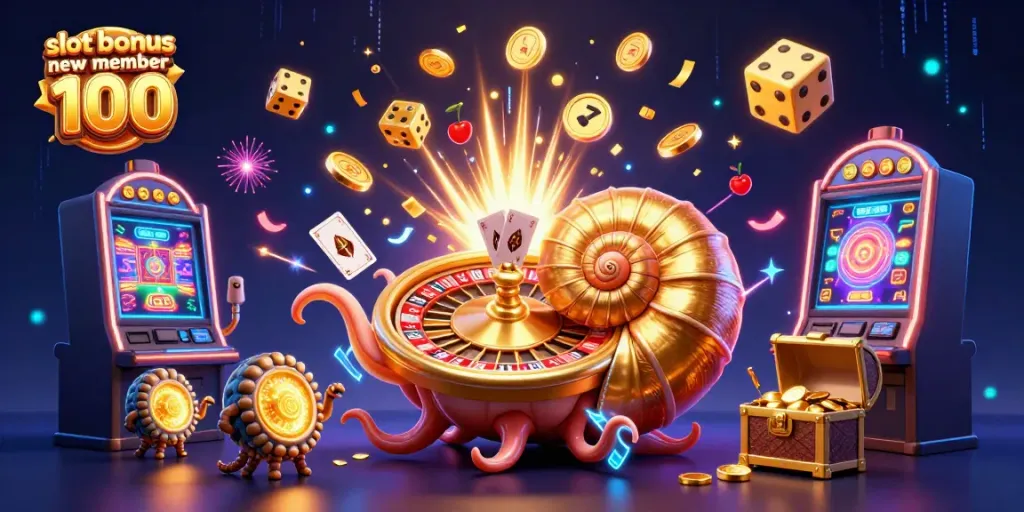 Experience excitement with slot bonus new member 100 from a vibrant 3D casino scene featuring a giant nautilus and slot machine.