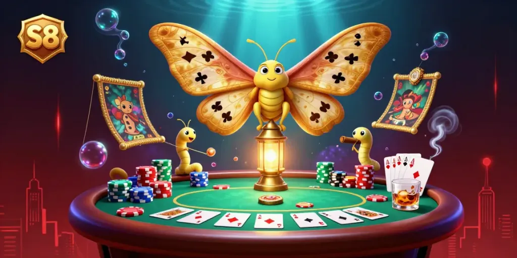 S8 delivers immersive online gaming with a colorful 3D casino moth and poker scene.