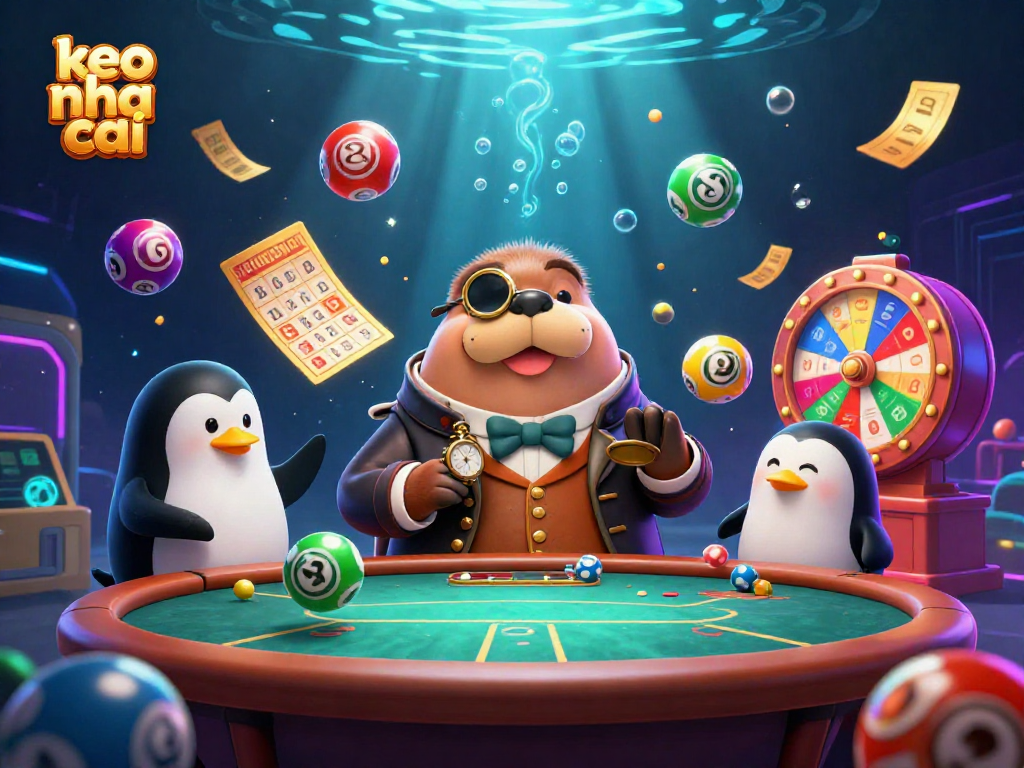 Experience lively gaming at keo nha cai with cartoon walrus, dealer penguin, and bluffing pufferfish.