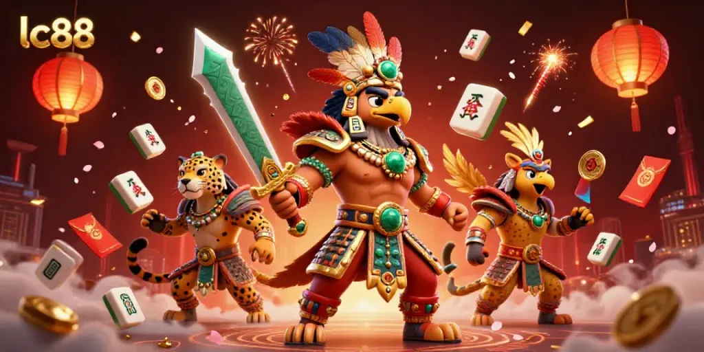 Experience the vibrant lc88 casino adventure with 3D Aztec warriors and dynamic game elements.