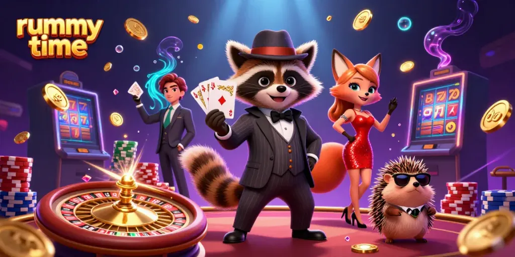 Experience thrilling rummy time with a charming raccoon and fox duo amidst vibrant casino elements.