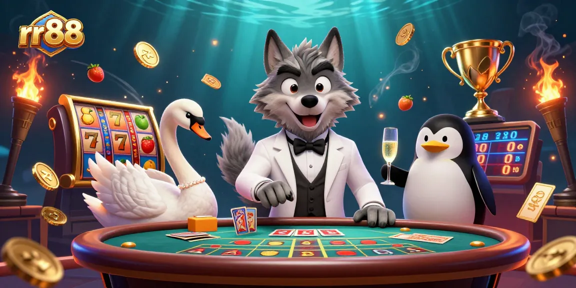 Play at rr88 with the debonair wolf, swan dealer, and penguin sommelier in this vibrant casino scene.