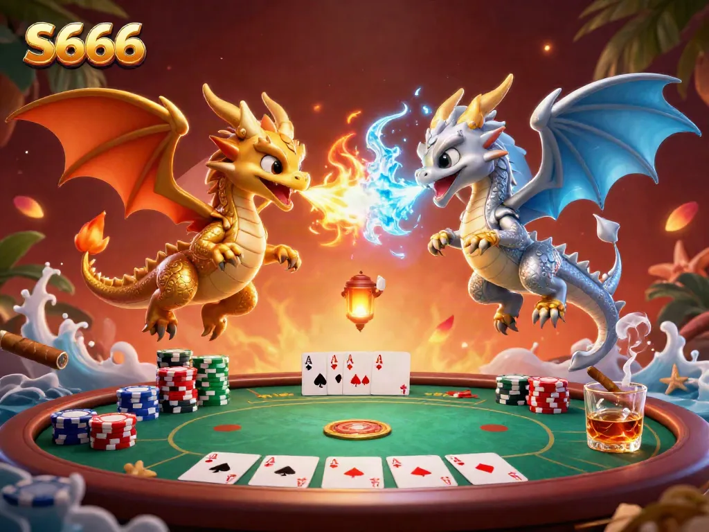 S666 dragons battle at a vibrant poker table, showcasing gaming excitement and camaraderie.