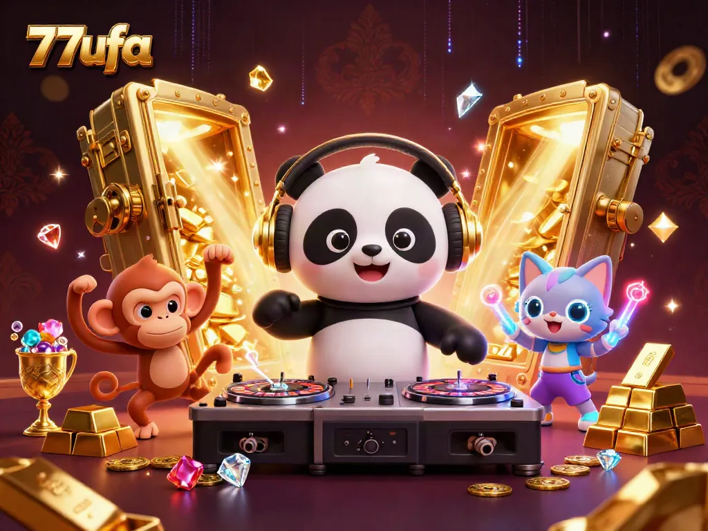 Experience the vibrant energy of 77ufa with this lively DJ panda and friends in a casino-themed celebration, embracing excitement.