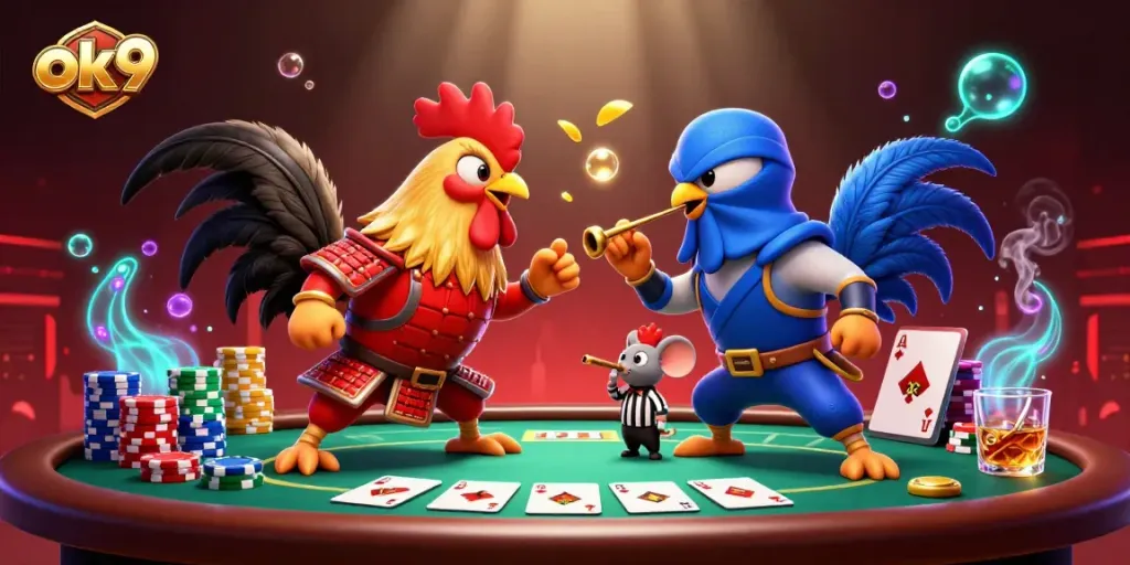 Engage in exhilarating poker action with ok9-themed fighting roosters in a vibrant casino scene.