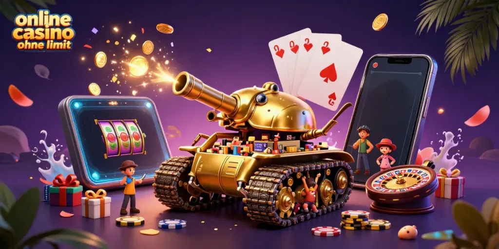 Play exciting games at an online casino ohne limit with a vibrant 3D casino scene featuring a golden tank.
