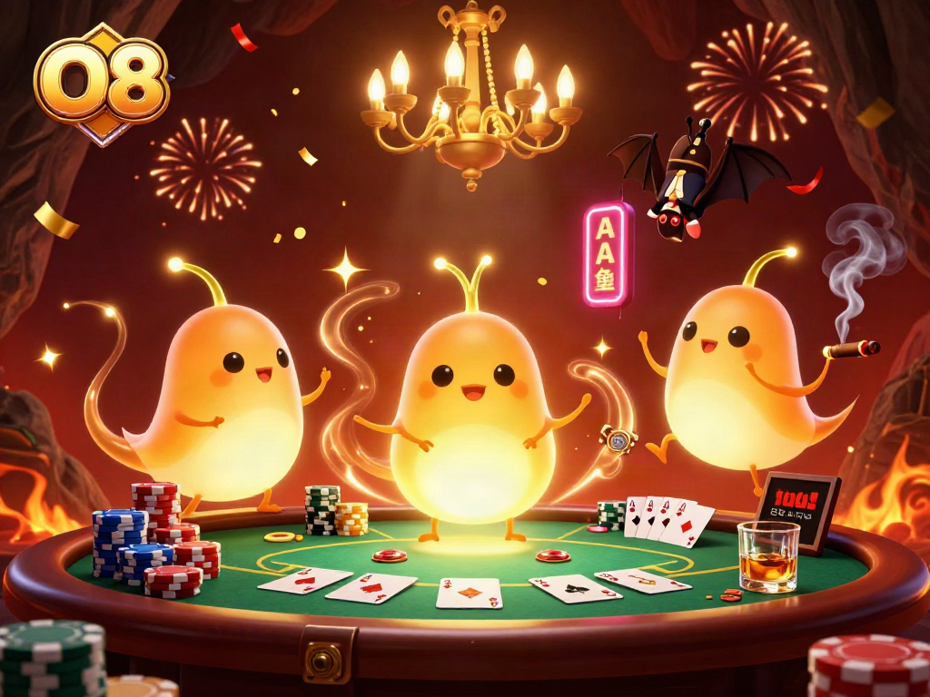 Experience thrilling gameplay in O8's lively casino scene illuminated by bioluminescent characters.