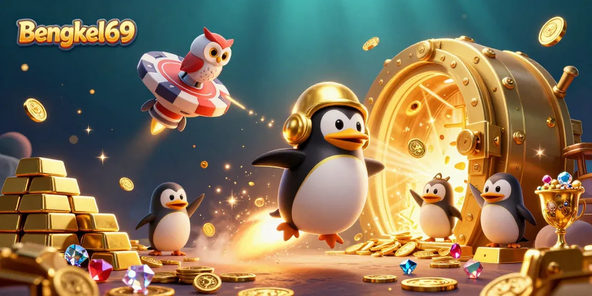 Bengkel69 features a dynamic 3D scene with a golden penguin and casino-themed treasures, showcasing engaging gambling excitement.