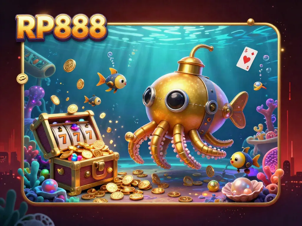 Experience the thrill of RP888 with golden kraken-themed slots amidst gold coins in a vibrant underwater scene.